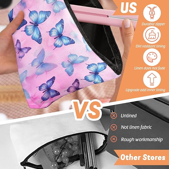 Scribesense Makeup Bag Travel Cosmetic Bags Small Makeup Case Waterproof Zipper Pouch for Women Girls 7X9inches - Blue And Purple Butterflies on A Pink Background