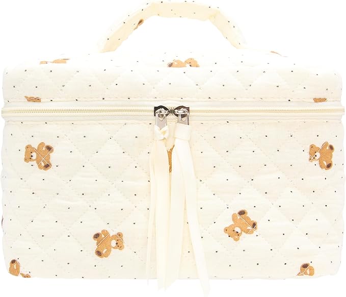 Quilted Makeup Bag for Women, Travel Cosmetic&Toiletry Bag,Gauze Bear