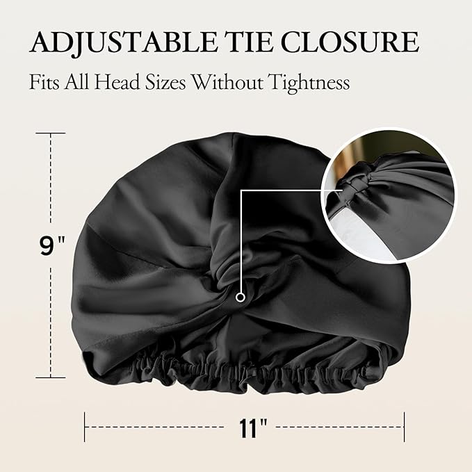 SYSERAN 100% Mulberry Silk Bonnet for Sleeping - Women Natural Curly Hair Night Cap Luxury Sleep Head Wrap with Elastic Band(Black)