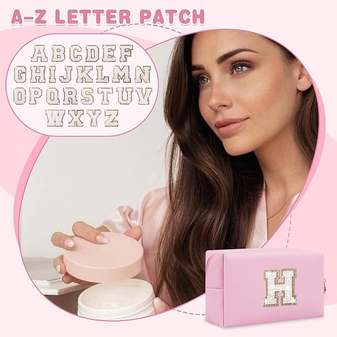 Small Personalized Initial A-Z Patch Makeup Bag,Pink Cute PU Leather Glitter Letter Cosmetic Bag for Teen Girls,Travel Toiletry Bag with Zipper,Preppy Monogrammed Birthday Gift for Daughter Niece H
