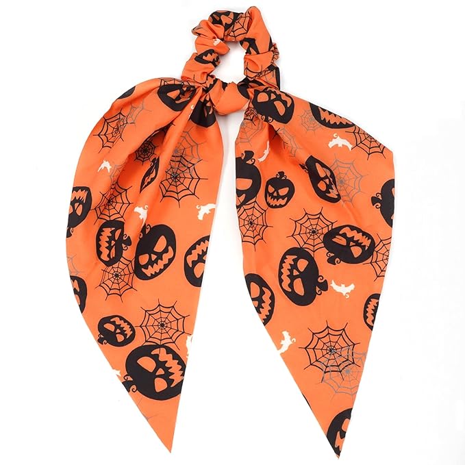 Halloween Hair Ties for Women Girls Spooky Spider Web Skeleton Bat Pumpkin Hair Scrunchies Black Orange Hair Tie Ribbon Hair Bows Hair Accessories