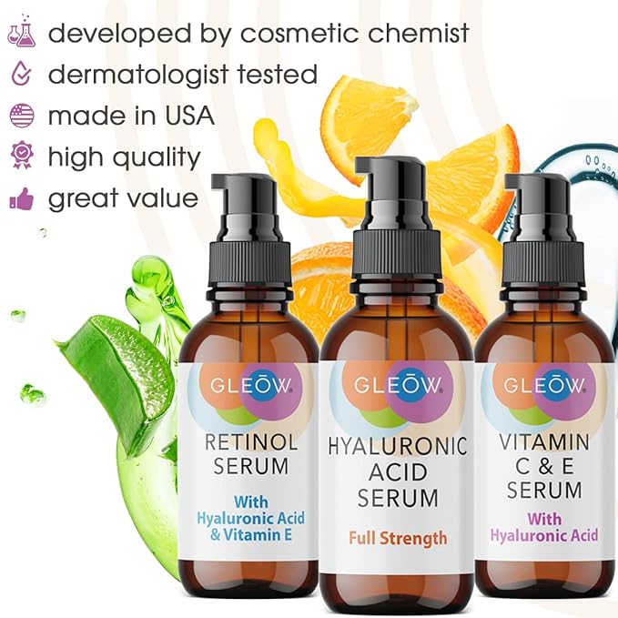 GLEOW Skincare Set: Retinol, Vitamin C, and 99% Hyaluronic Acid Serum, Face Serum Set Targets Appearance of Uneven Skin and Dryness, Total Package Serum Set 3x1 oz