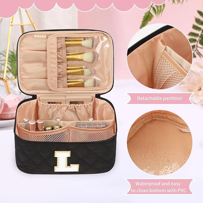 OCHEAL Makeup Bag for Women, Monogram Cosmetic Bag Black Travel Makeup Case Beauty Toiletry Bag Organizer Personalized Gifts for Girls Bridesmaid, Sister, Wife, Friends Initial L