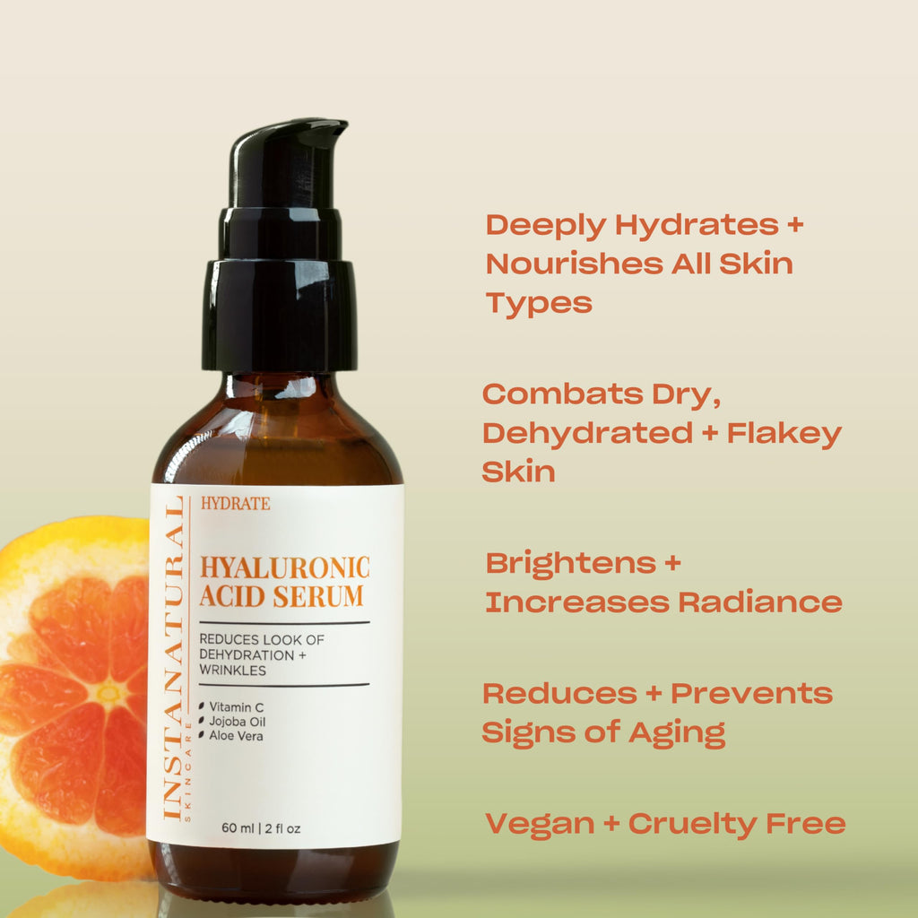 InstaNatural Hyaluronic Acid Serum for Face, Brightens, Hydrates, Reduces the Look of Fine Lines and Wrinkles, with Vitamin C, Jojoba Oil, and Aloe Vera, 2 Fl Oz