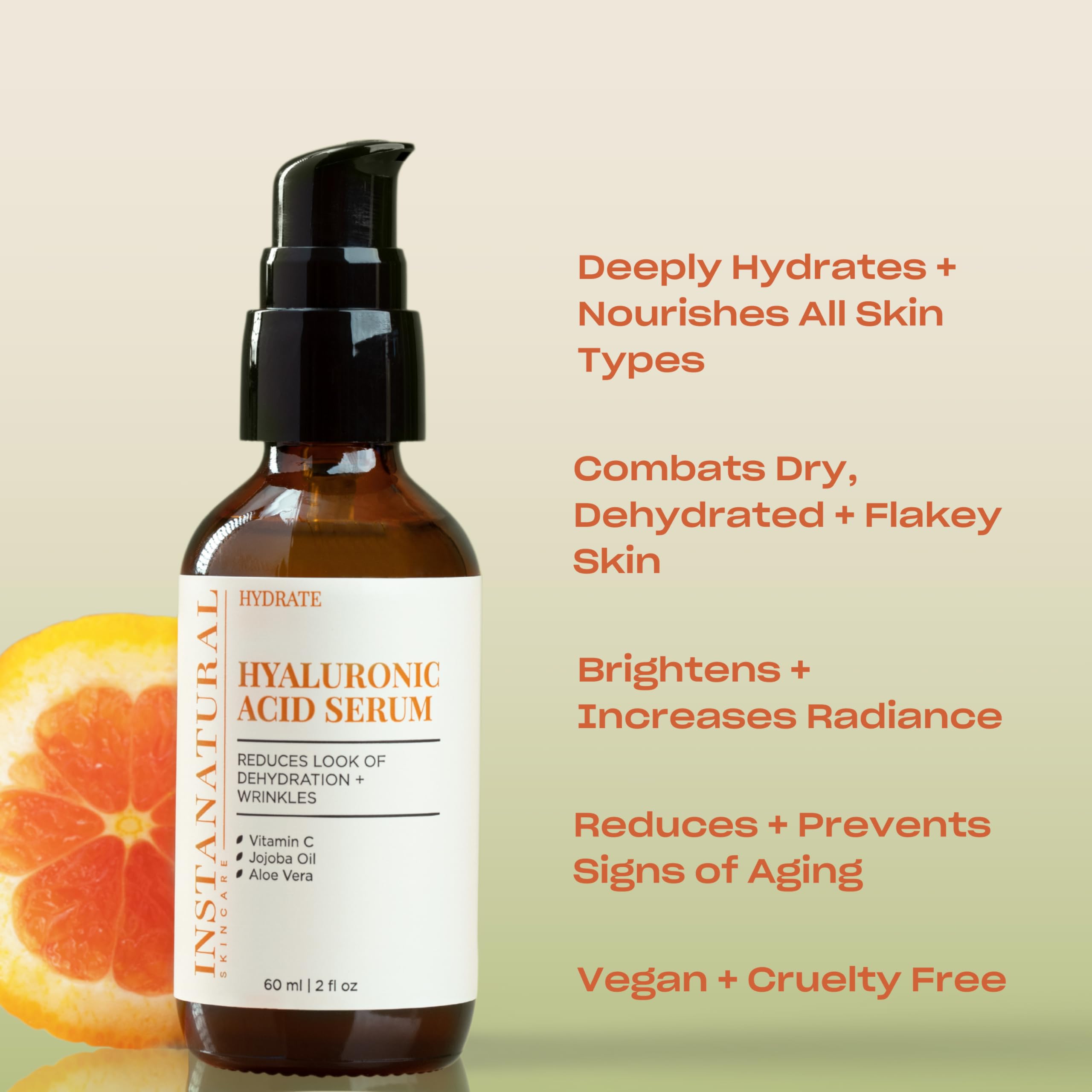 InstaNatural Hyaluronic Acid Serum for Face, Brightens, Hydrates, Reduces the Look of Fine Lines and Wrinkles, with Vitamin C, Jojoba Oil, and Aloe Vera, 2 Fl Oz