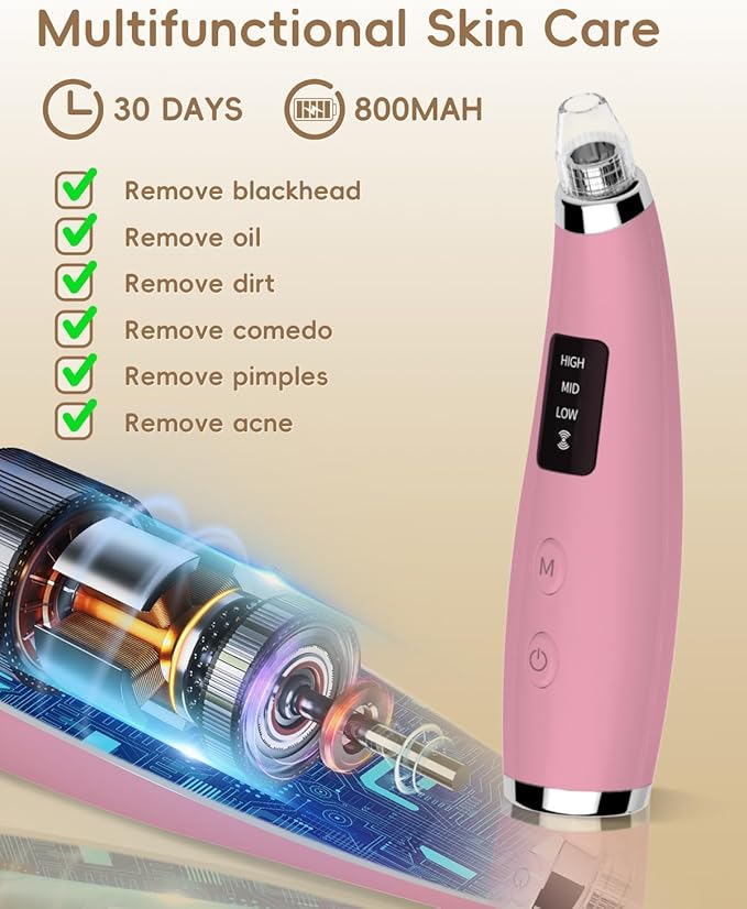 Blackhead Remover Pore Vacuum - Blackhead Remover for Face with 5 Attachments & 3 Suction Levels - Blackhead Vacuum removers for Women & Men (Matte Pink)