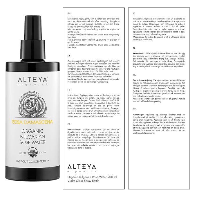Alteya Organics Rose Water USDA Organic Facial Toner 6.8 Fl Oz Miron Glass