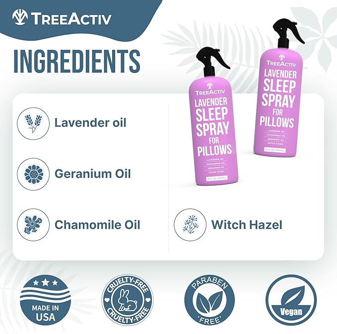 TreeActiv Sleep Spray Calming Lavender Chamomile, Soothing Witch Hazel & Lavender Pillow Spray Air Freshener for Room, Bed, Fabric, Pillows & Linen Mist for Sleeping & Relaxation, 4000+ Sprays, 16 Oz
