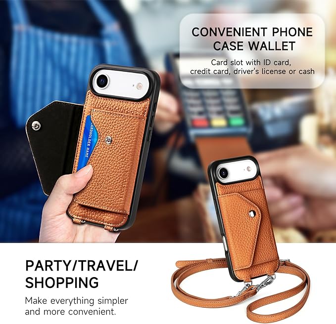 LUCKYCOIN Crossbody Phone Case for iPhone Air,100% Genuine Leather Phone Wallet Case for Women,Fashion Premium Hands-Free Phone Purse with Expandable Flip Card Holder & Adjustable Strap - Pebble Brown