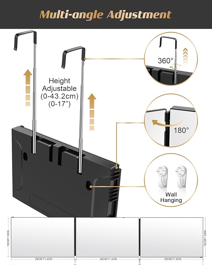 JUSRON 360 Viewing Angle Self Hair Cutting Mirror, Clear Anti-Fog HD Glass (1, Black Without LED with Accessories)