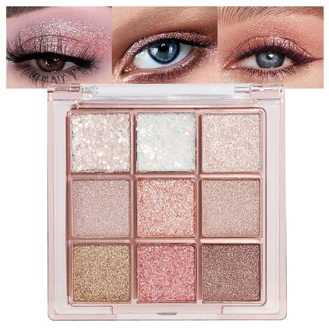 CAKAILA 9Color Pink White Golden Brown Warm Glitter Colorful Eyeshadow Palette Makeup,Korean Natural Neutral Rainbow palettes Highly Pigmented Naturing-Looking Long Lasting Waterproof Blendable