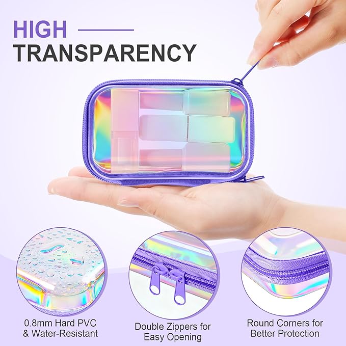 Hoolerry 3 Pcs Clear Hard Zipper Case Hard Plastic Zipper Pouch Makeup Bag Portable Travel Organizer for Cosmetics, Office Supplies, Documents & Toiletries(Laser,Xs)