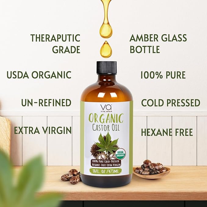 Castor Oil Organic Cold Pressed Glass Bottle 16oz For Hair Growth, Eyebrow