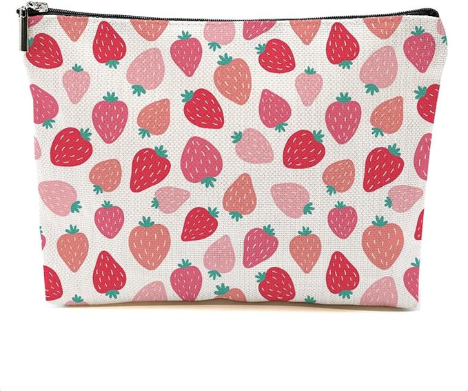 DHKG Cute Pink Strawberry Makeup Bag Retro Fruit Cosmetic Bag Friend Friendship Gifts for Women Girls Sister Bestie Coworker Travel Organizer Zipper Pouch Christmas Thanksgiving Birthday Gifts