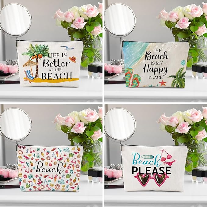 4 PCs Beach Vacation Makeup Bag, Beach Gifts, Cruise Gifts Cosmetic Bag