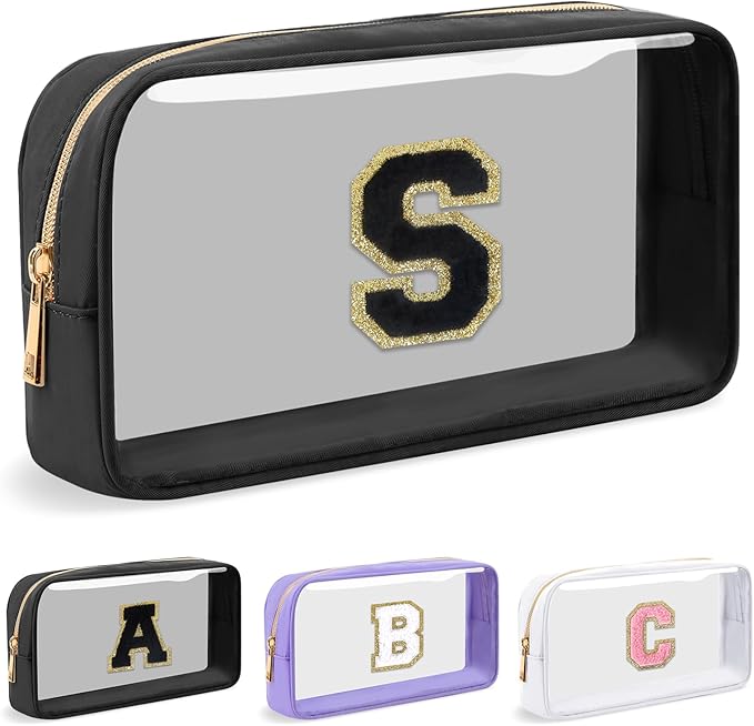 UIXIZQ Personalized Initial Letter Clear Makeup Bag,Preppy Small Nylon&PVC Cosmetic Zipper Bag with Chenille Letter,Travel Skincare Toiletry Bag,Monogram Christmas Gift for Teen Girls Women,S