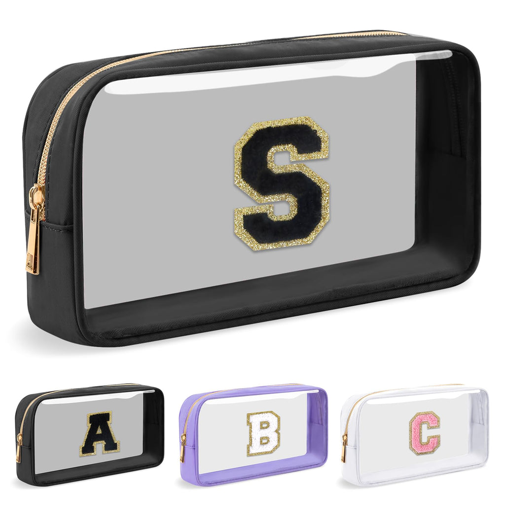 UIXIZQ Personalized Initial Letter Clear Makeup Bag,Preppy Small Nylon&PVC Cosmetic Zipper Bag with Chenille Letter,Travel Skincare Toiletry Bag,Monogram Christmas Gift for Teen Girls Women,S