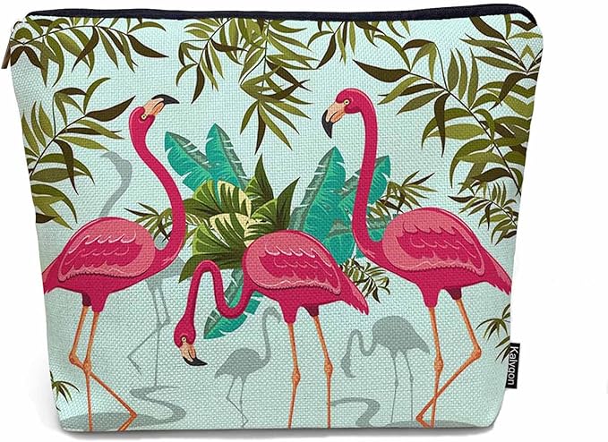 Kalygon Women Makeup Organizer Bag Flamingo Exotic Flamingo Tropical Palms Flax Cosmetic Bag Makeup Bags Toiletry Bag Accessories Organizer Travel Bags For Home Bathroom Office Hotel Gym Pink Green