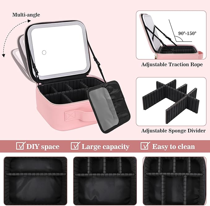 Comeacross Makeup Case with LED Mirror,Makeup Organizer Bag Travel Makeup Case Large Makeup Bag With Rechargeable Mirror 3 Color Lights Detachable Mirror for Women Beauty Tools Accessories（Pink）