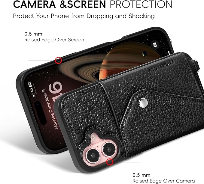 LUCKYCOIN Crossbody Phone Case for iPhone 16,100% Genuine Leather Phone Wallet Case for Women, Fashion Premium Hands-Free Phone Purse with Expandable Flip Card Holder & Adjustable Strap - Pebble Black