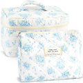 URSKYTOUS 2Pcs Cotton Quilted Makeup Bag for Women Girls Large Small Travel Floral Cosmetic Bags Set Cute Coquette Zipper Makeup Pouch for Purse Aesthetic Cloth Flower Storage Toiletry Bag Organizer