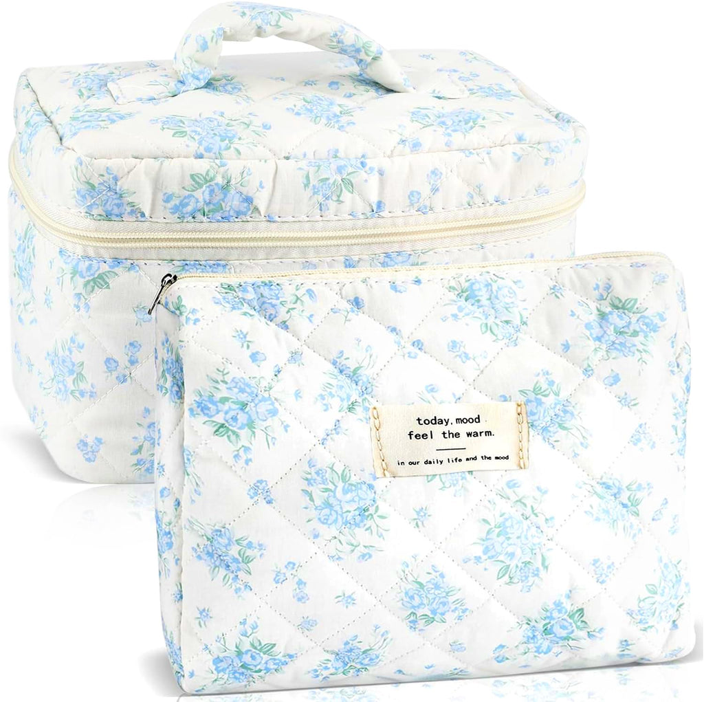 URSKYTOUS 2Pcs Cotton Quilted Makeup Bag for Women Girls Large Small Travel Floral Cosmetic Bags Set Cute Coquette Zipper Makeup Pouch for Purse Aesthetic Cloth Flower Storage Toiletry Bag Organizer