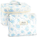 URSKYTOUS 2Pcs Cotton Quilted Makeup Bag for Women Girls Large Small Travel Floral Cosmetic Bags Set Cute Coquette Zipper Makeup Pouch for Purse Aesthetic Cloth Flower Storage Toiletry Bag Organizer