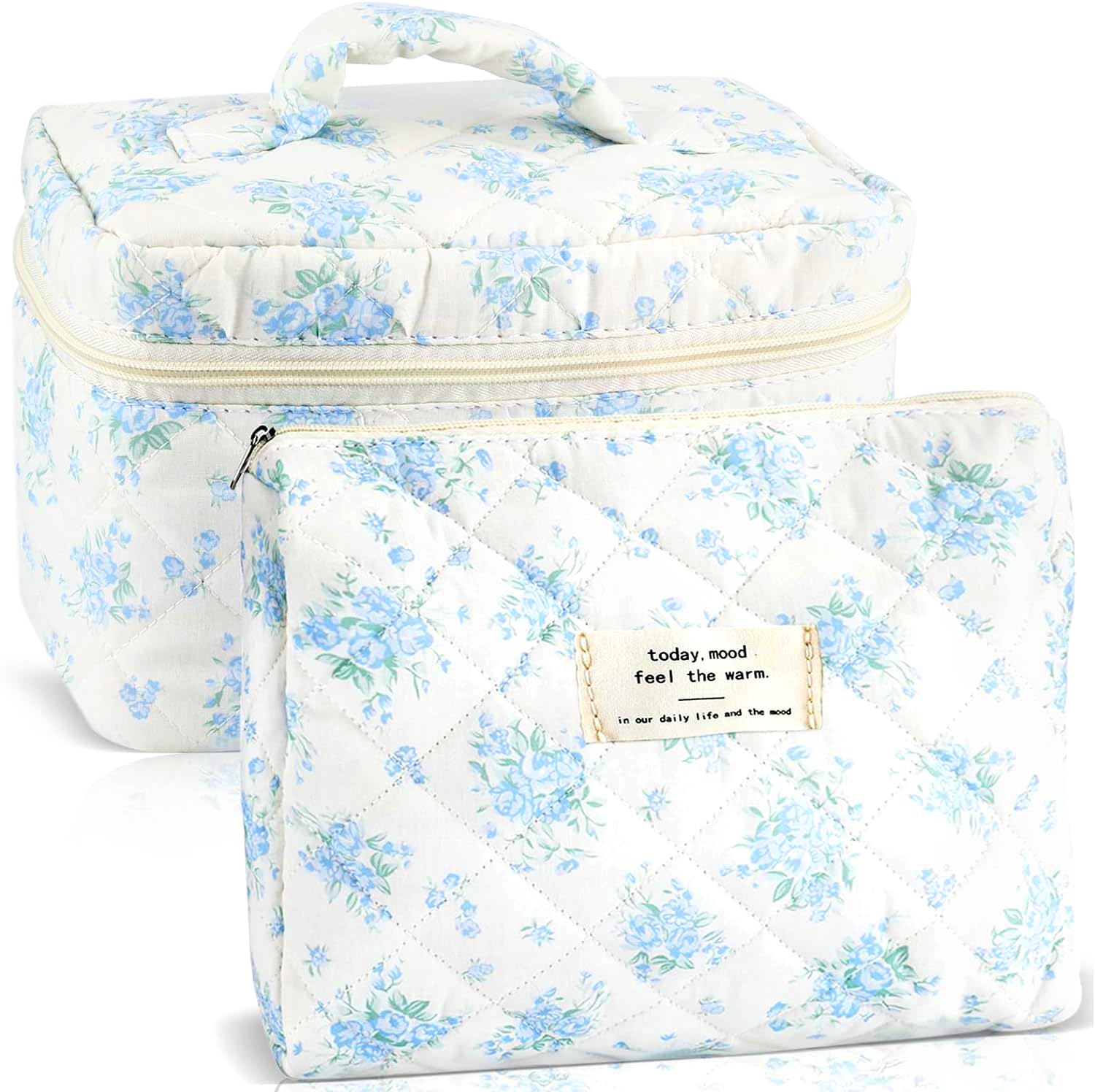 URSKYTOUS 2Pcs Cotton Quilted Makeup Bag for Women Girls Large Small Travel Floral Cosmetic Bags Set Cute Coquette Zipper Makeup Pouch for Purse Aesthetic Cloth Flower Storage Toiletry Bag Organizer