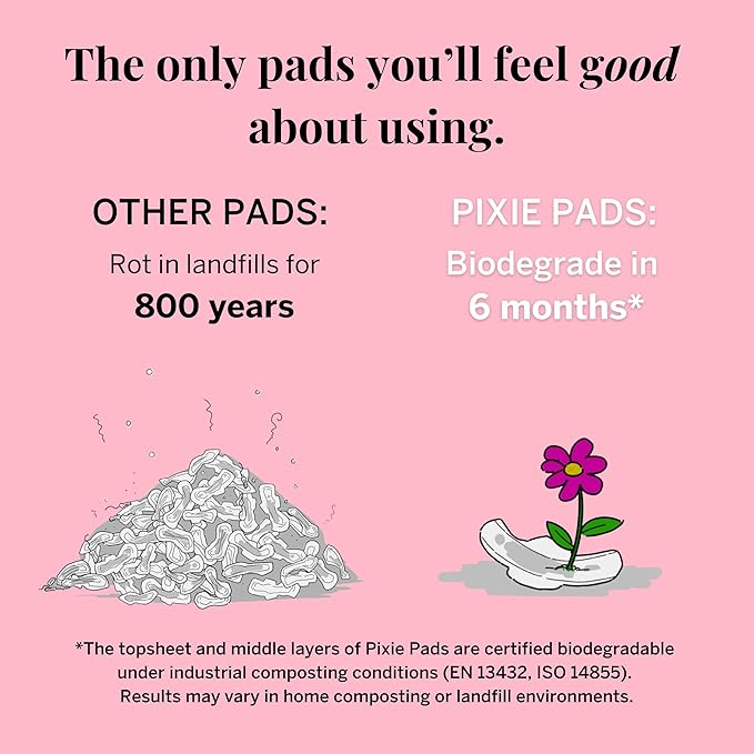Pixie Organic Pads Ultra Thin Regular Long Cotton Pads with Wings – Comfortable, Leak-Proof Protection for Everyday Flow – Hypoallergenic, Unscented, Soft & Breathable – Eco-Friendly, 12 Count
