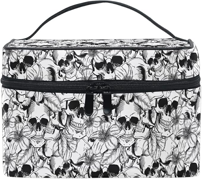 MNSRUU Goth Skull Makeup Bag, Gothic Skull Flowers Makeup Organizer Bags Toiletry Bag Box Travel Cosmetic Bag Make Up Train Case for Women Teen Girl Ladies