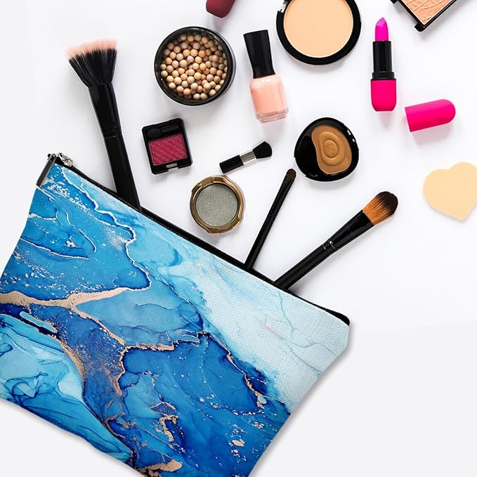 Givotin Small Makeup Bag for Purse Cute Canvas Waterproof Cosmetic Bags for Women Zipper Travel Toiletry Pouch-Blue Marble Makeup Bags