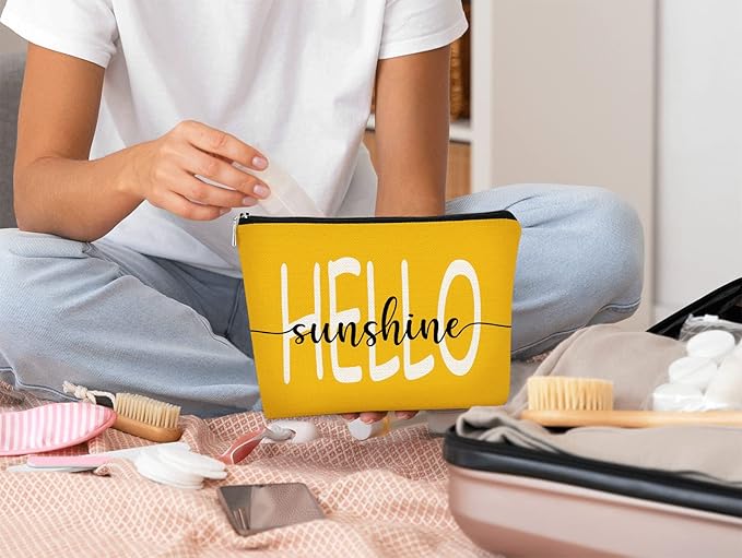 BARPERY Hello Sunshine Summer Yellow Inspirational Makeup Bag, Cosmetic Bag Gift for Teen Girls, Women, Mom, Grandma, Teacher, Coworker