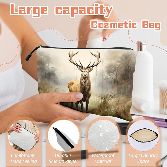 Scribesense Cosmetic Bags Travel Makeup Toilet Case Waterproof Pouch for Women Girls 6.7X9.45inches - Stag in A Misty Forest Landscape