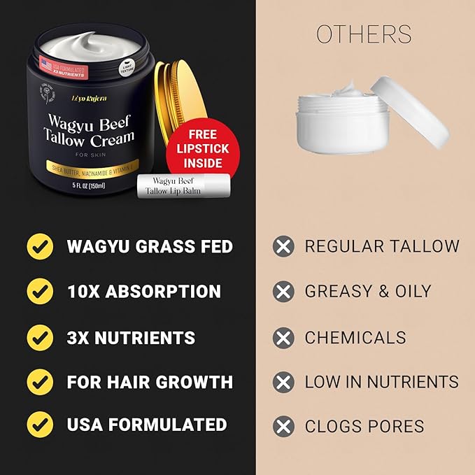 Non-Greasy Beef Tallow for Skin & Beef Tallow Lip Balm 5OZ Shea Butter, Vitamin E, Whipped Grass Fed Beef Tallow for Face Moisturizer Cream, Lotion for Women & Men, Anti-Aging Face Moisturizer