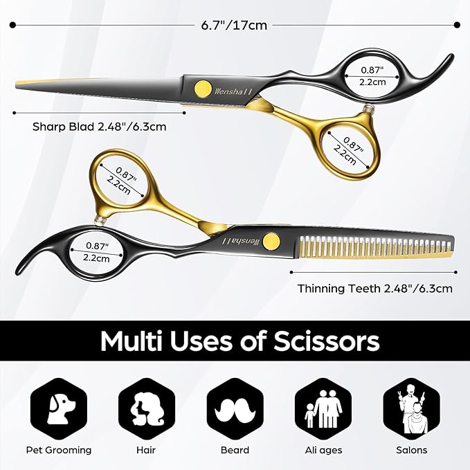 Wenshall Professional Black Gold Hair Scissors 6.89" Teeth Japanese Stainless Steel Multifunctional Salon Thinning Scissors Straight Shears Tools for Men Women Home Salon Barber
