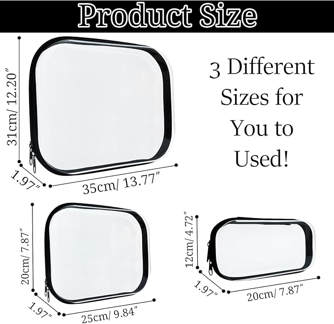 YOQIVEXU 3 Pcs Clear Hard Zipper Case, Hard Shell Plastic Clear Organizer Bag, Transparent Makeup Pouches, Portable Box for Travel Toiletries, Toy Storage Bins (Black, Multi)