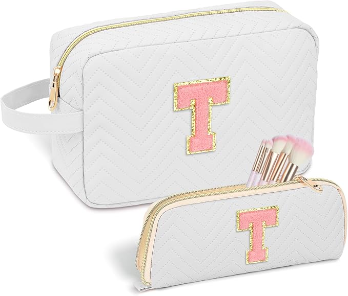 Personalized Initial Makeup Bag Trendy Stuff Leather Waterproof Cosmetic Bag Travel Toiletry Bag, Makeup Organizer Case Mother's Day/Birthday/Graduation Gifts for Women Girls Mom Girlfriend White.