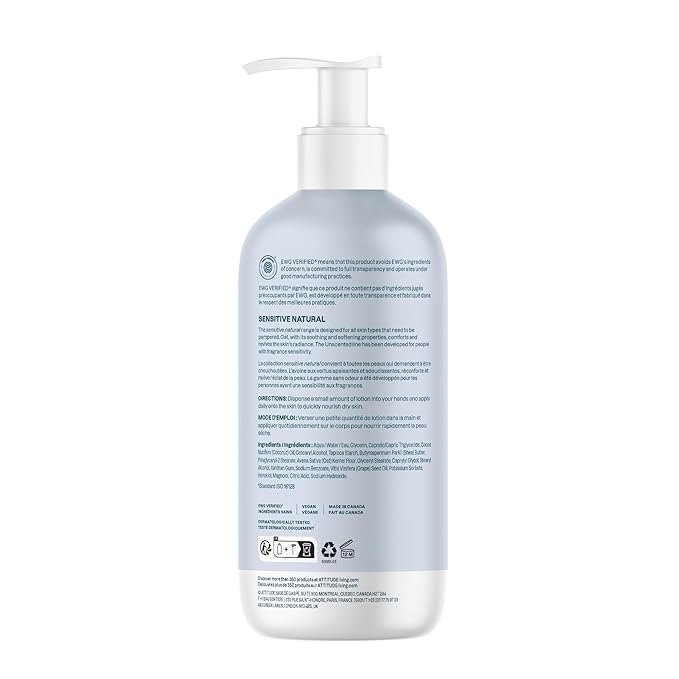 ATTITUDE Sensitive Skin Body Lotion, Fragrance-Free, Soothing Oat Formula, Hydrating Care for Dry Skin, EWG Verified, Dermatologically Tested, Vegan, Unscented, 16 Fl Oz