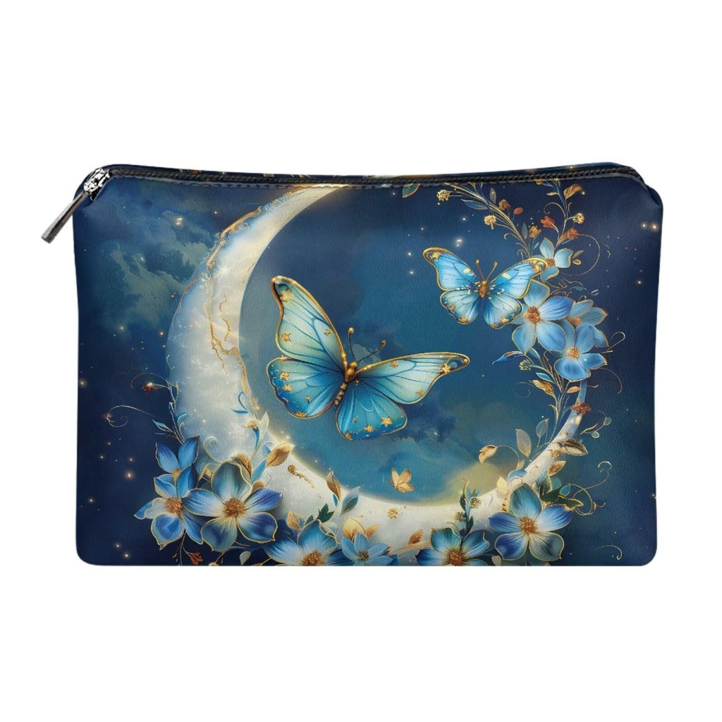 COEQINE Travel Makeup Bag for Women Large Leather Cosmetic Bag with Moon And Butterfly Gothic Makeup Case for Ladies Wallet Handbag