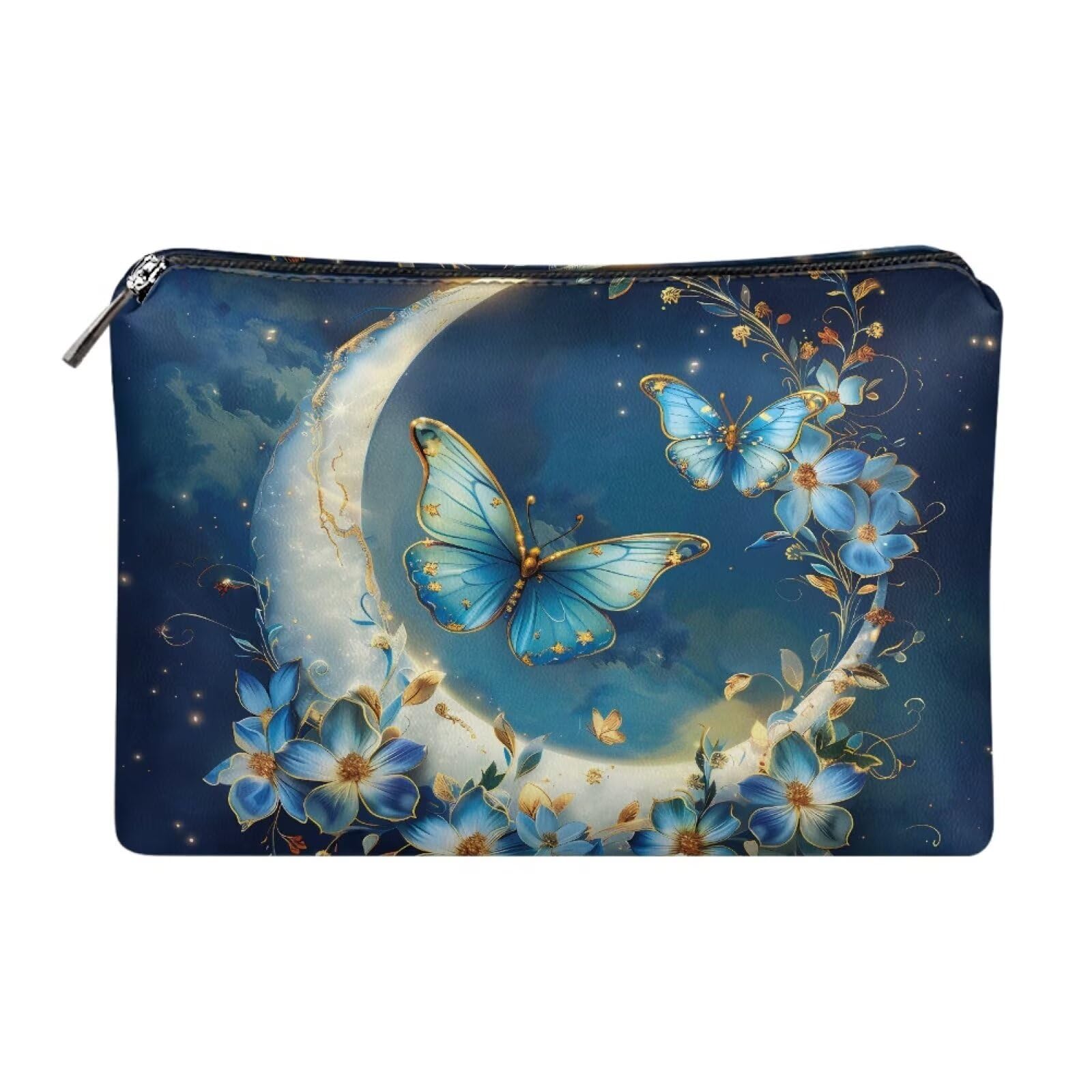 COEQINE Travel Makeup Bag for Women Large Leather Cosmetic Bag with Moon And Butterfly Gothic Makeup Case for Ladies Wallet Handbag