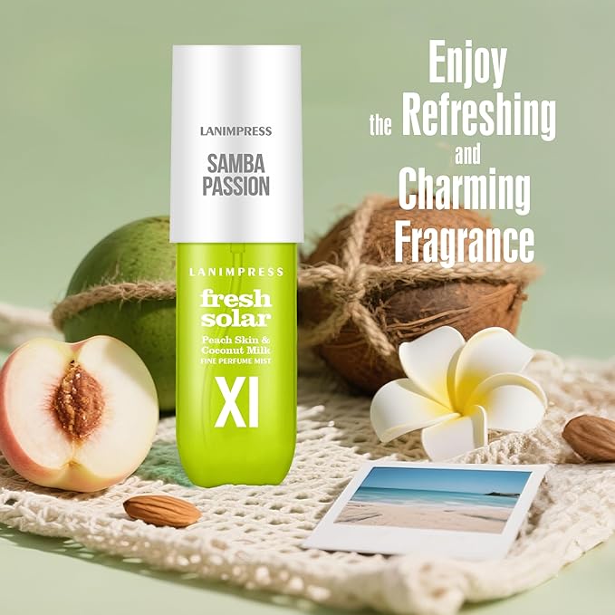 LANIMPRESS 3 fl oz Hair Mist and Body Spray, Eau De Parfum for Women,Travel Size Fragrance, Creamy Gourmand Perfume No.11, Sweet Fruity Smell– Notes of Peach Skin, Coconut Milk, Frangipani Petals