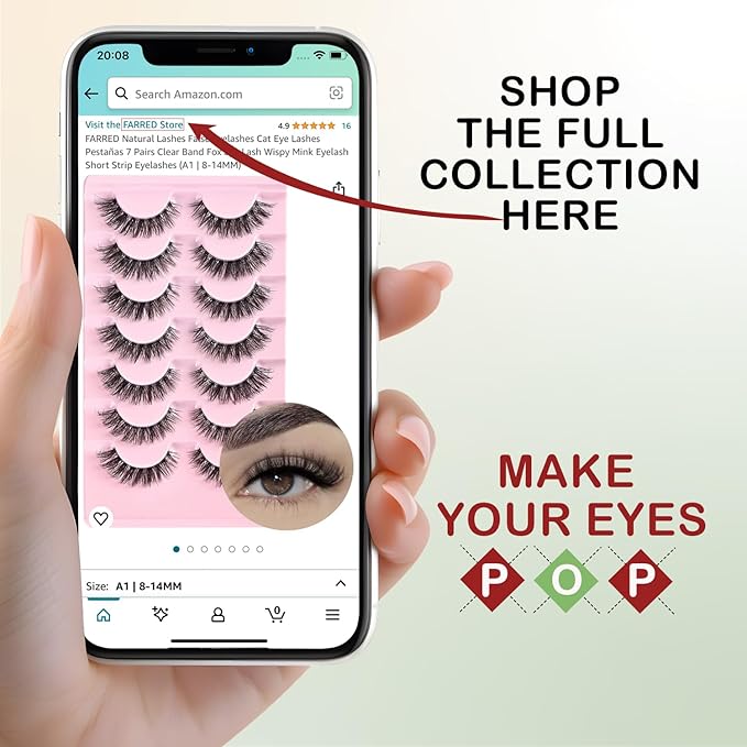 FARRED False Eyelashes Natural Wispy Lashes Short Cat Eye Strip Lash 7 Pairs Thin Band Cateye Fake Eyelash Medium Length Volume Pestañas Set for Hooded Eyes (A16 | 7-14MM)
