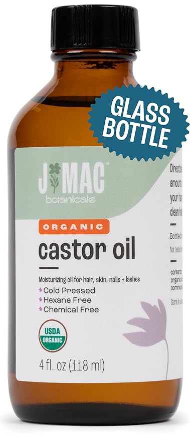 J MAC BOTANICALS Organic Castor Oil Cold Pressed in Amber Glass Bottle (4oz, NO DROPPER) USDA Certified, Hexane Free - Moisturizing Oil for Hair, Skin, Face, Eyelashes, Brows, Nails, and Castor Wraps