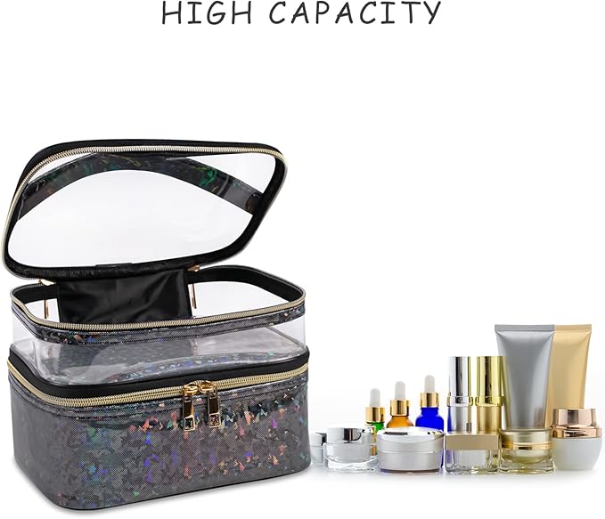 imerelez Double-layer Makeup Bag Cosmetic Bag Travel Makeup Cases Organizer Toiletry Bag Gift for Women, Portable Waterproof (Black)