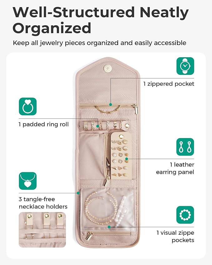 BAGSMART Travel Jewelry Organizer Case C Initial Jewelry Roll,Soft Pink