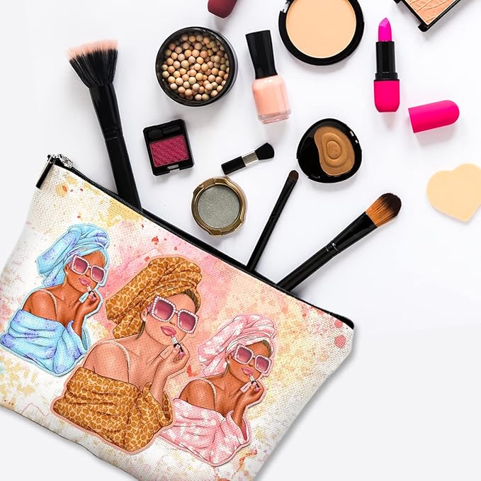 Givotin Cute Makeup Bag for Purse Canvas Waterproof Funny Cosmetic Bags for Women Zipper Travel Toiletry Pouch-Fashion Clipart African American Makeup Bags