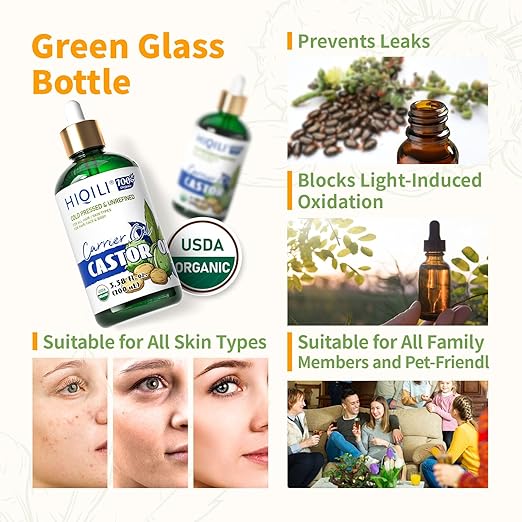 HIQILI Organic Castor Oil Cold Pressed for Hair, Lash & Eyebrow Care