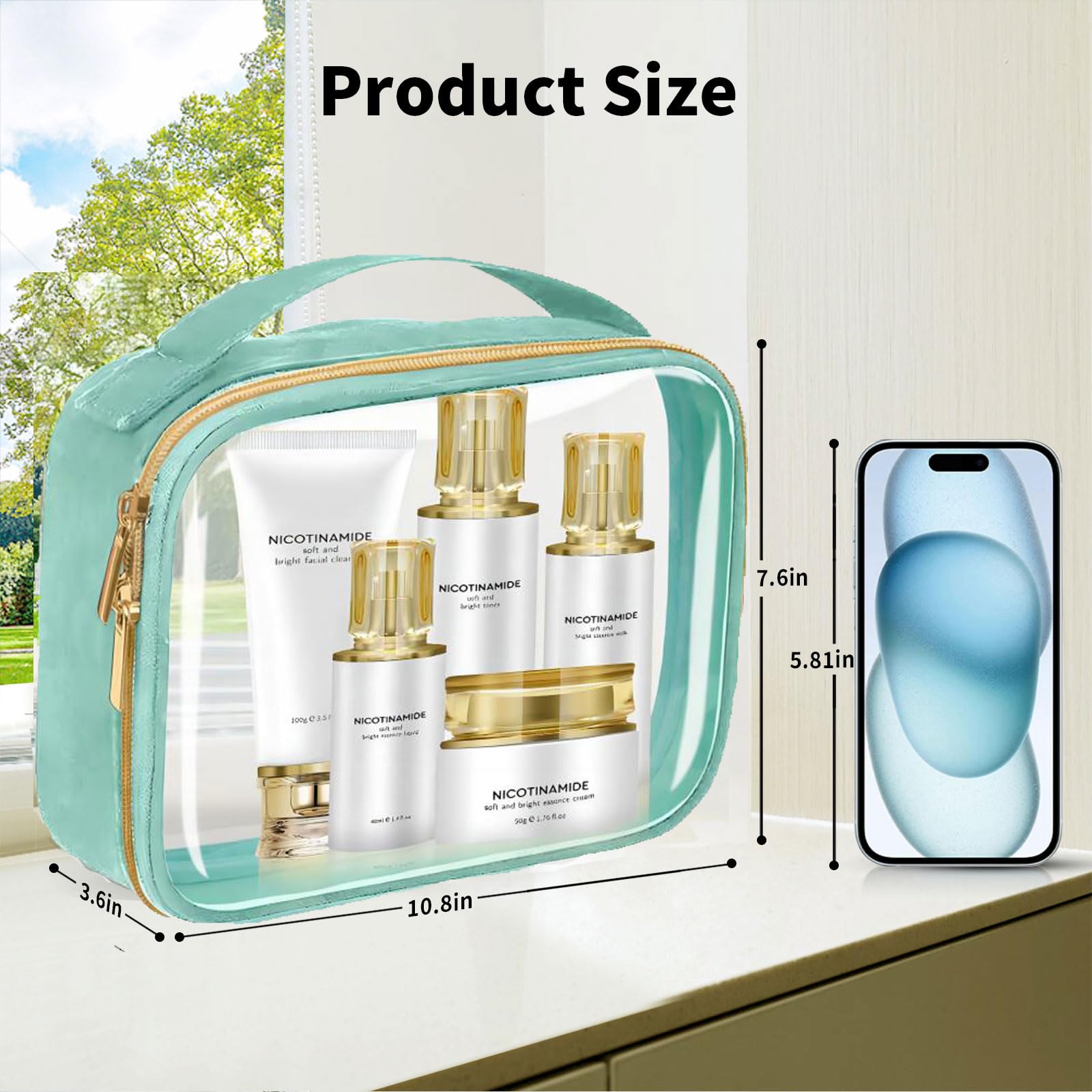 FAYORORY Travel Toiletry Bag,2 Pack Clear Makeup Bags with Handles,180°Opening Clear Cosmetic Bags for Traveling Women,Men,Travel Essentials,Green