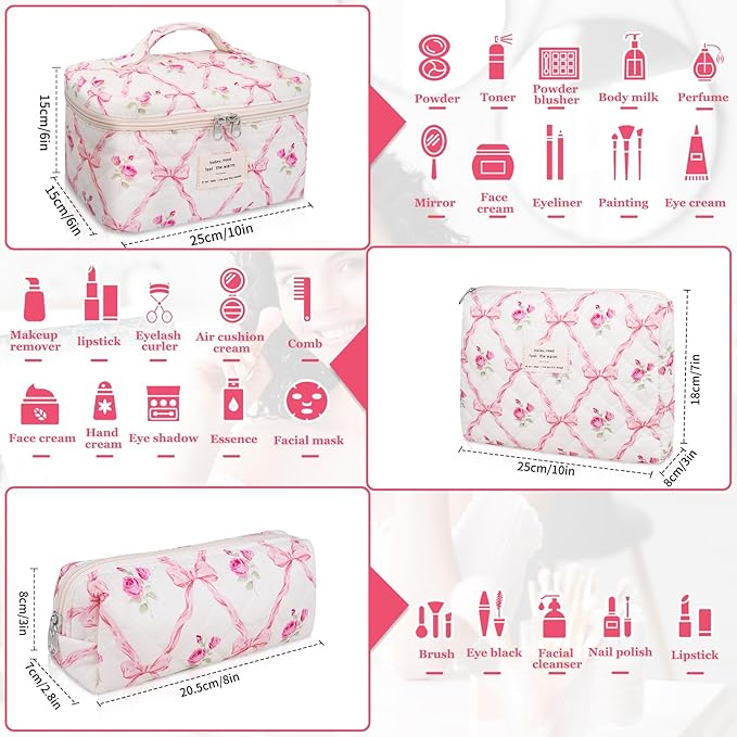 Gosect 3PC Makeup Bag Set, Quilted Makeup Bag, Large Floral Cosmetic Bag for Women, Cute Cotton Makeup Bags, Flower Travel Toiletry Organizer Bag (Pink Flower)