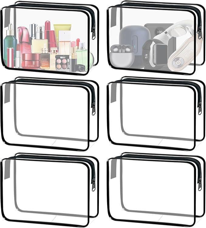 YOQIVEXU 6 Pieces Clear Cosmetics Bag Bulk, TSA Approved Toiletry Bag for Travel, Zippered Clear Pouch Cosmetic Makeup Bag Waterproof Vinyl Plastic Organizer Case for Vacation Bathroom (Large)